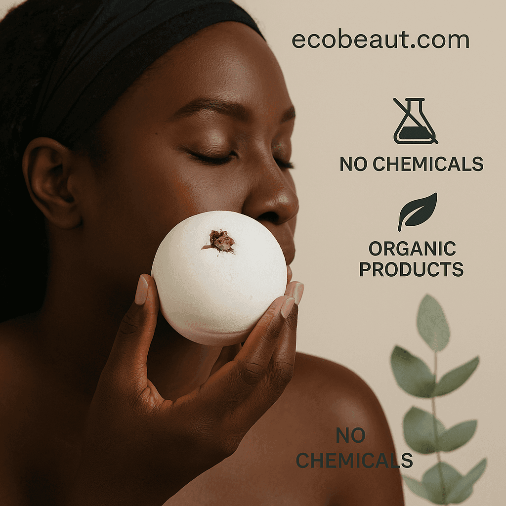 Dark-skinned woman holding white organic bath bomb with rosebud in soft lighting, representing natural skincare and relaxation – ecobeaut.com