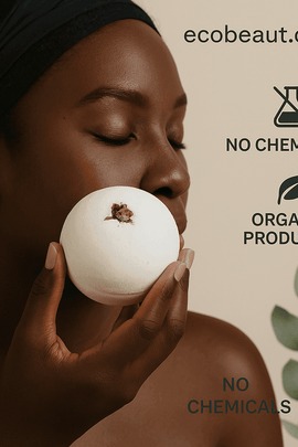 Dark-skinned woman holding white organic bath bomb with rosebud in soft lighting, representing natural skincare and relaxation – ecobeaut.com