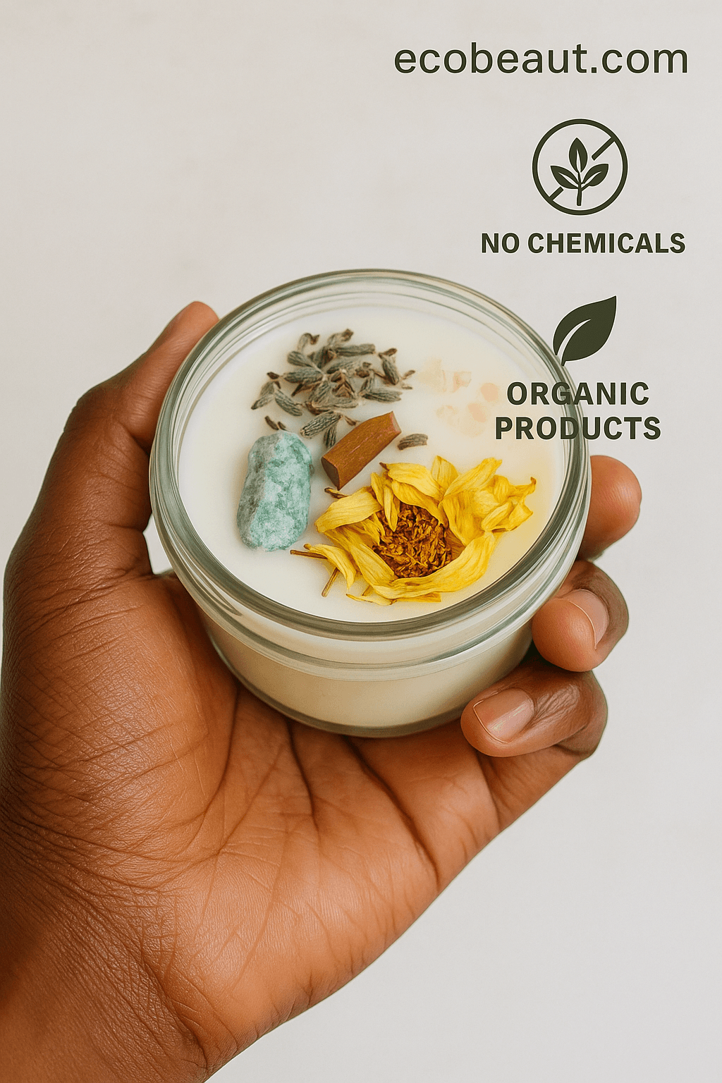 Dark-skinned woman lighting an organic intention candle surrounded by natural elements – no chemicals, organic products, ecobeaut.com

