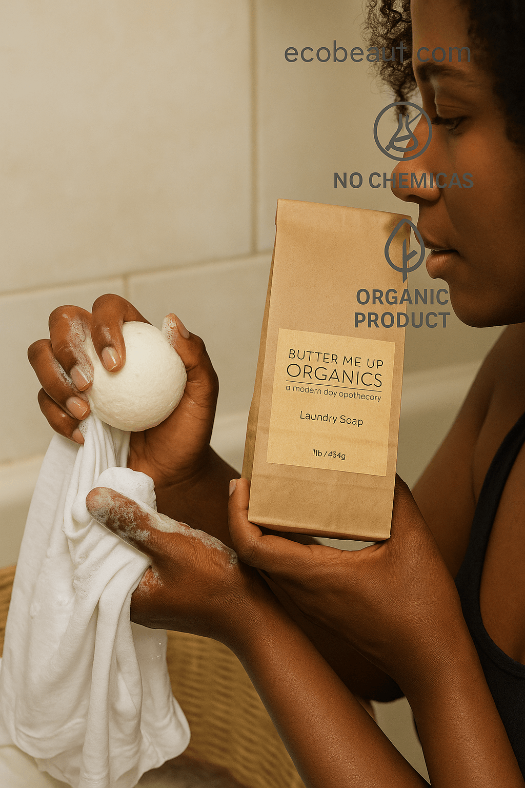 Dark-skinned woman using Butter Me Up Organics laundry soap in a natural laundry room, eco-friendly and chemical-free – ecobeaut.com
