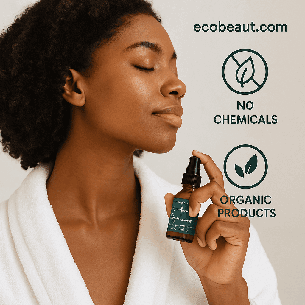 Dark-skinned woman using Eucalyptus & Spearmint aromatherapy spray for relaxation – organic and chemical-free essential oil mist, ecobeaut.com
