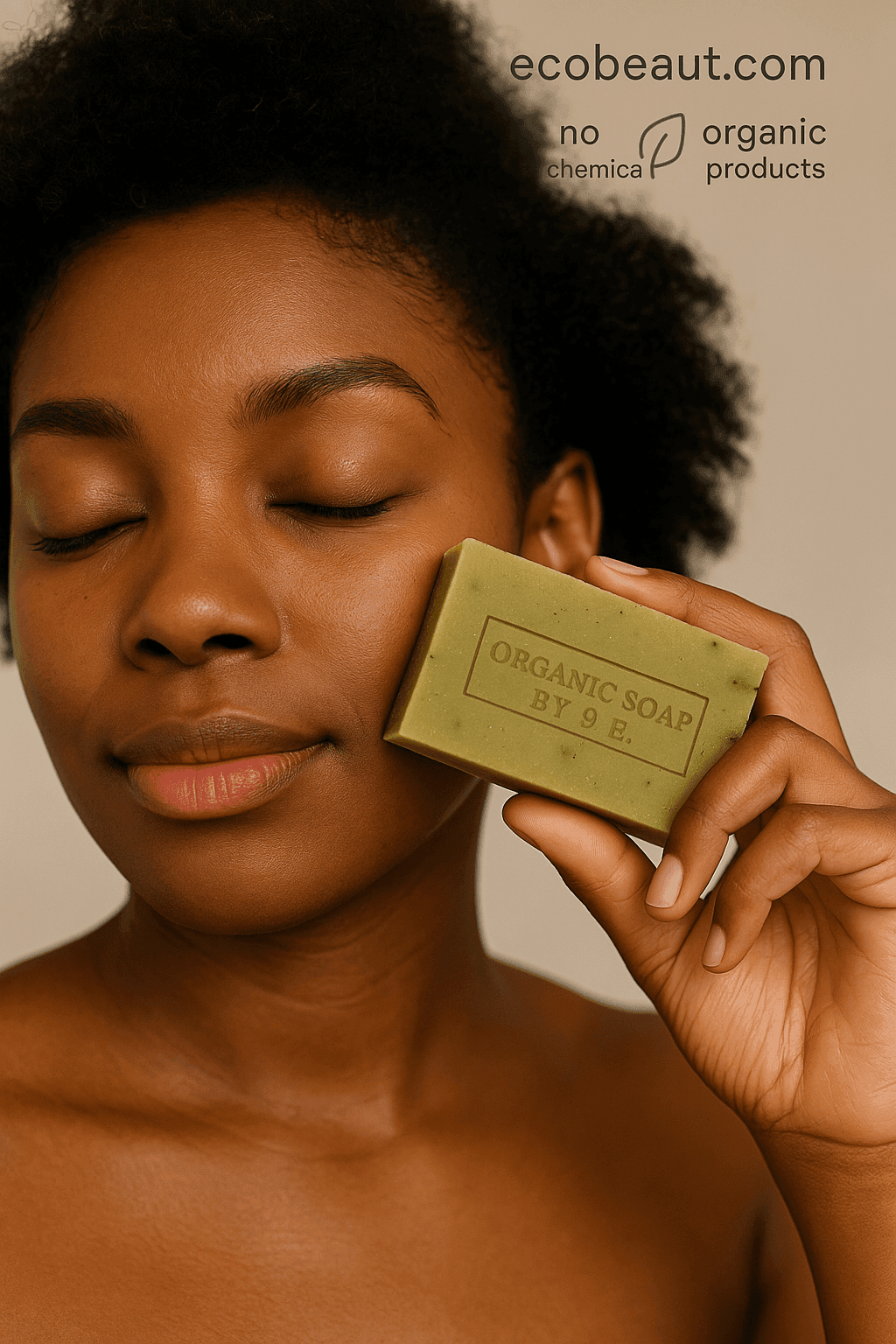 Dark-skinned woman using organic soap bar by S.E. – gentle natural skincare, ecobeaut.com, no chemicals, organic products