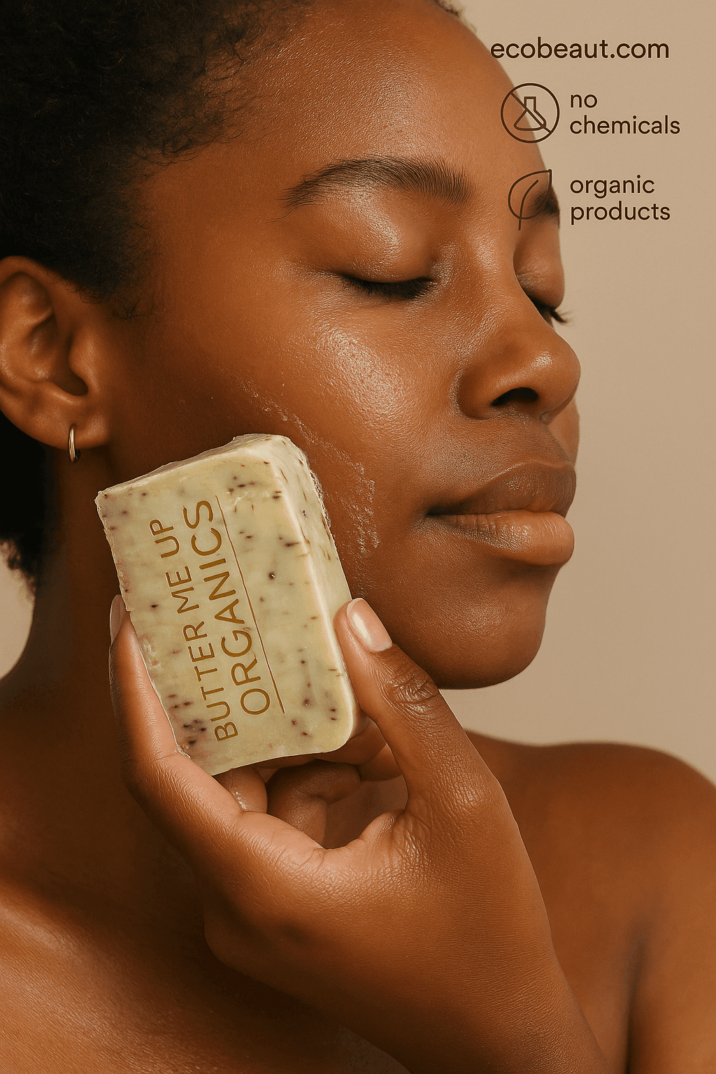 Dark-skinned woman washing face with Butter Me Up Organics soap, showing ecobeaut.com, labeled organic products and no chemicals – natural skincare USA