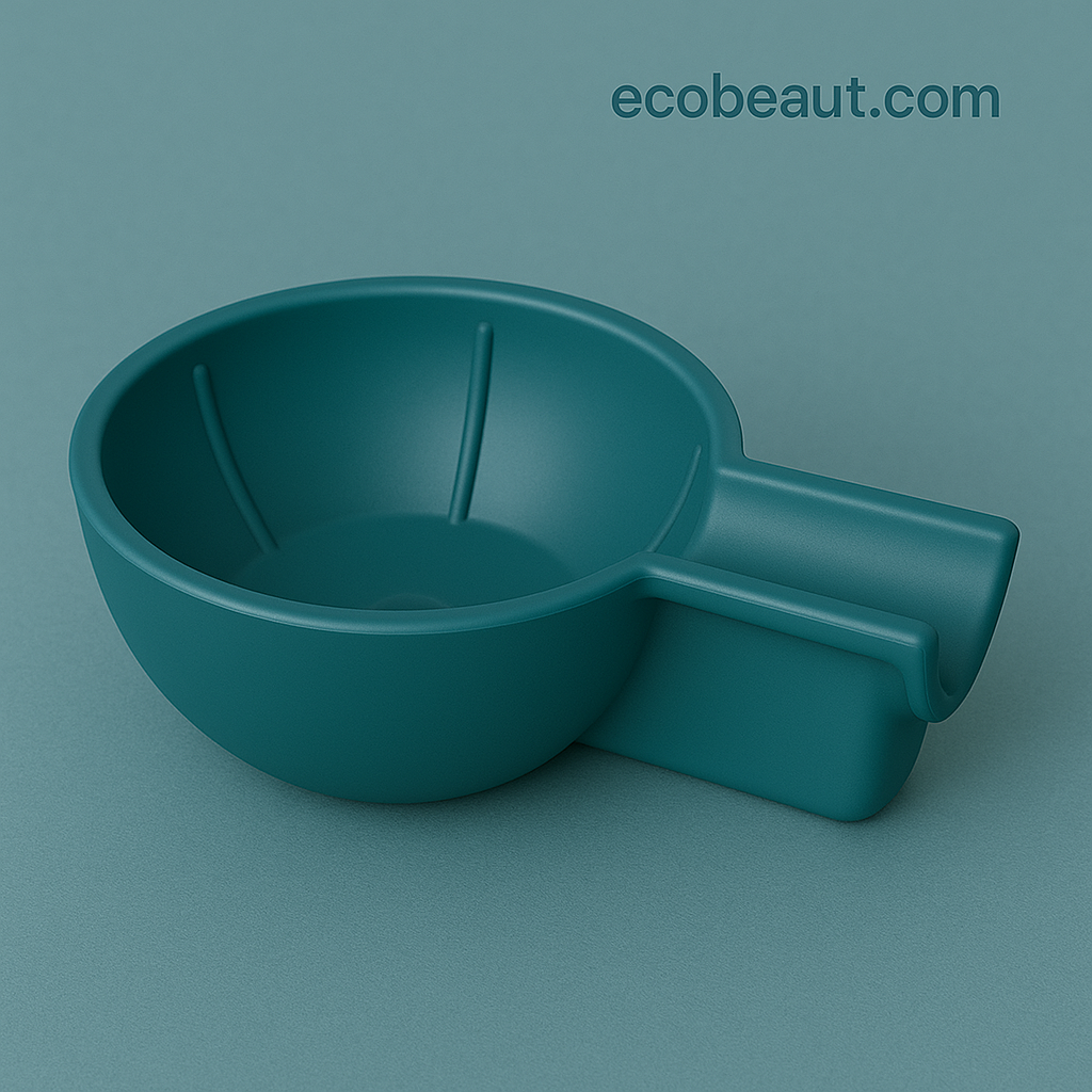 Dark turquoise plastic bowl with handle for sustainable self-care – elegant minimal design – displayed on matching background with ecobeaut.com


