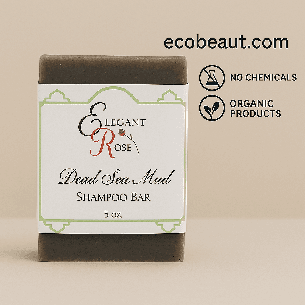 Dead Sea Mud Shampoo Bar by Elegant Rose with ecobeaut.com, No Chemicals, Organic Products labels on a beige background.





