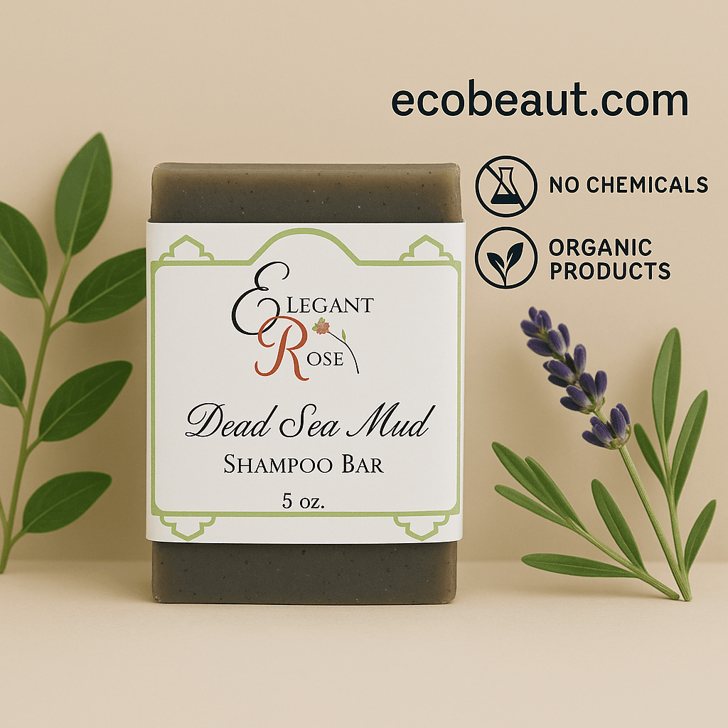Dead Sea Mud Shampoo Bar with green leaves and lavender sprigs, labeled ecobeaut.com, No Chemicals, Organic Products.