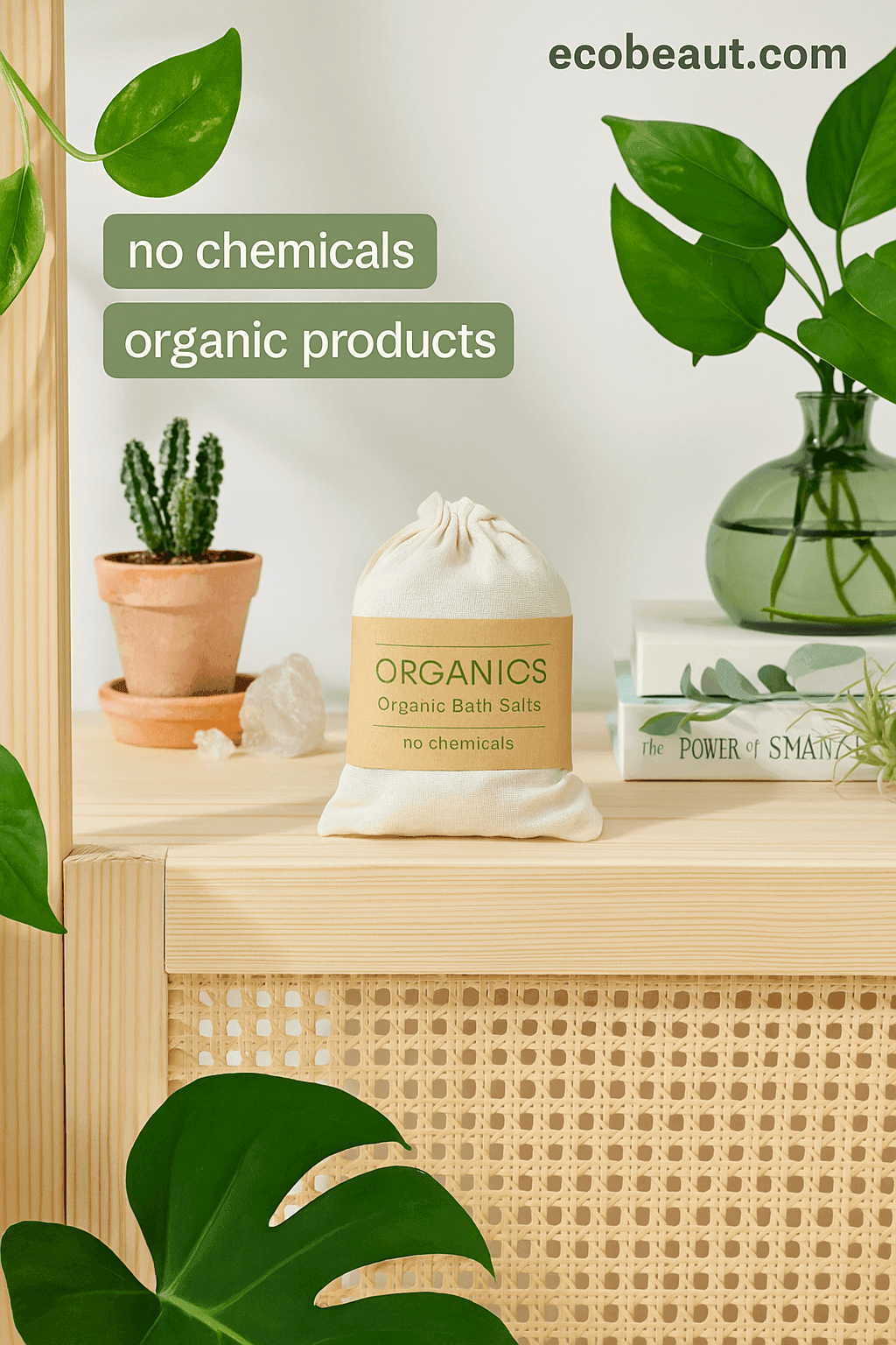 Drawstring bag of organic soap nuts displayed on a wooden shelf with greenery and crystals – eco-friendly laundry alternative from ecobeaut.com