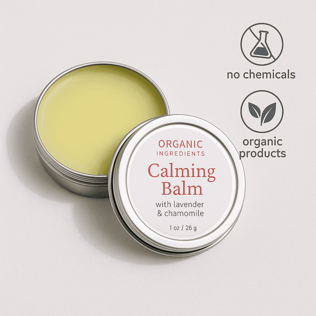 Dream Balm aromatherapy sleep aid with organic ingredients – calming balm surrounded by crystals, incense, and green plants on a white surface from ecobeaut.com