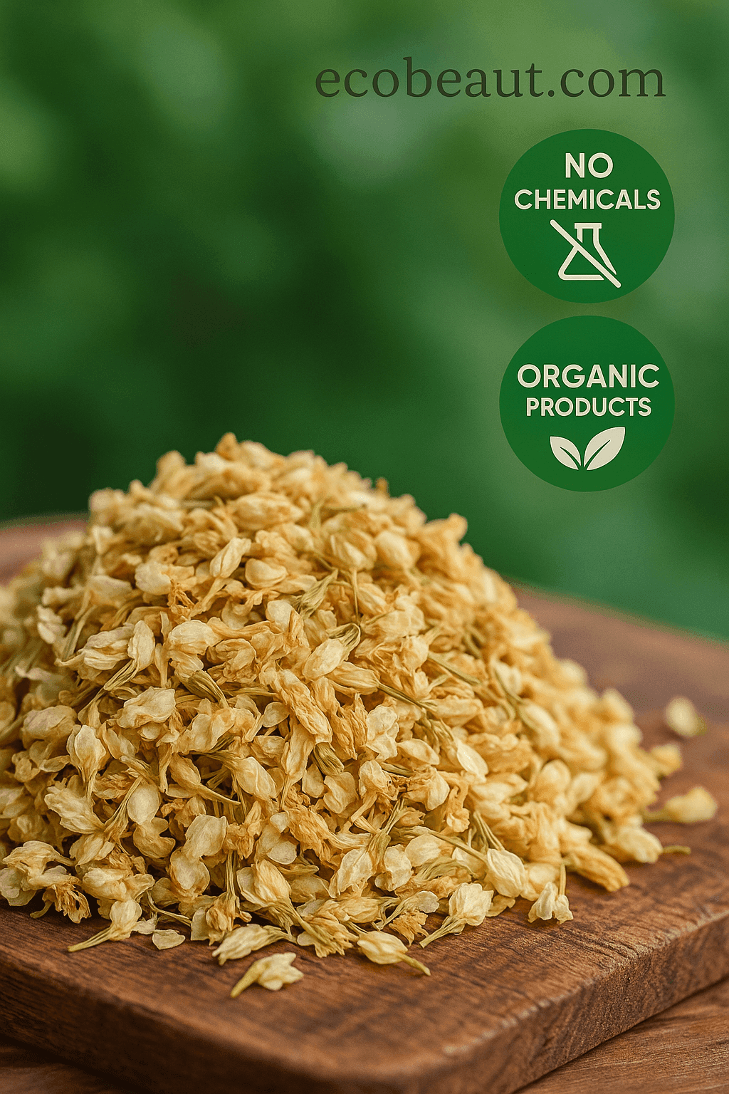 Dried jasmine flowers on a wooden board with 'No Chemicals' and 'Organic Products' labels – ecobeaut.com