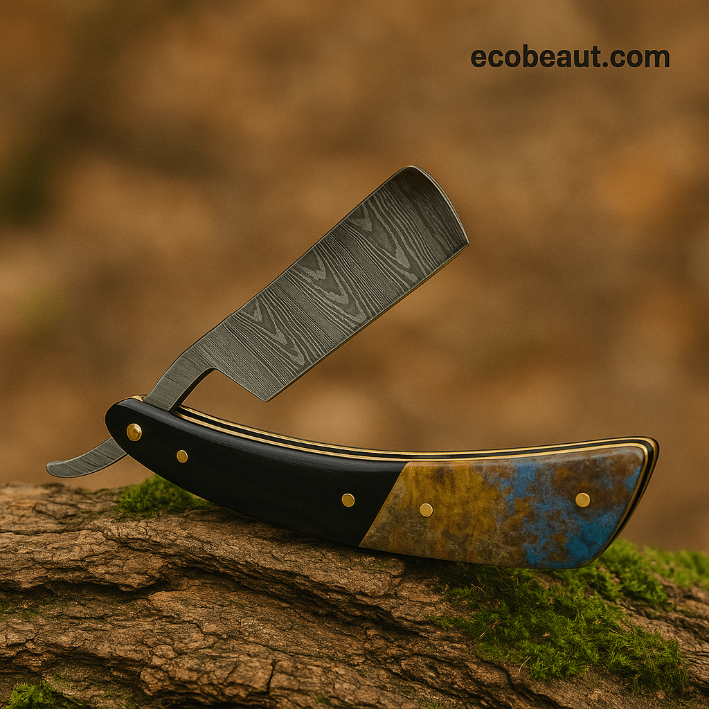Ebony Edge straight razor with a Damascus blade and black-to-iridescent handle, presented on bark with moss, and ecobeaut.com elegantly displayed in the top-right corner.