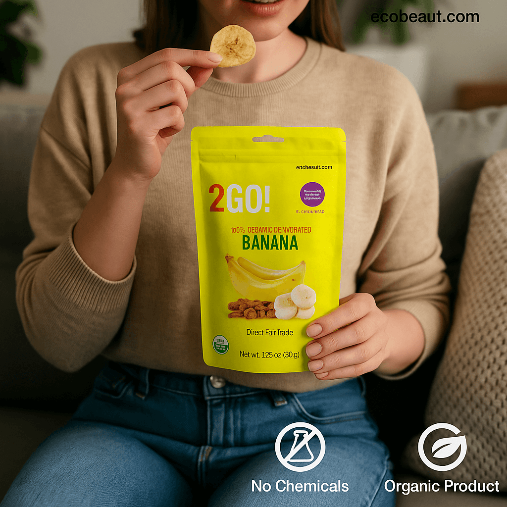 Eco-Friendly Woman Enjoying 2GO! Organic Banana Snack Outdoors – No Chemicals, Organic Product – ecobeaut.com
