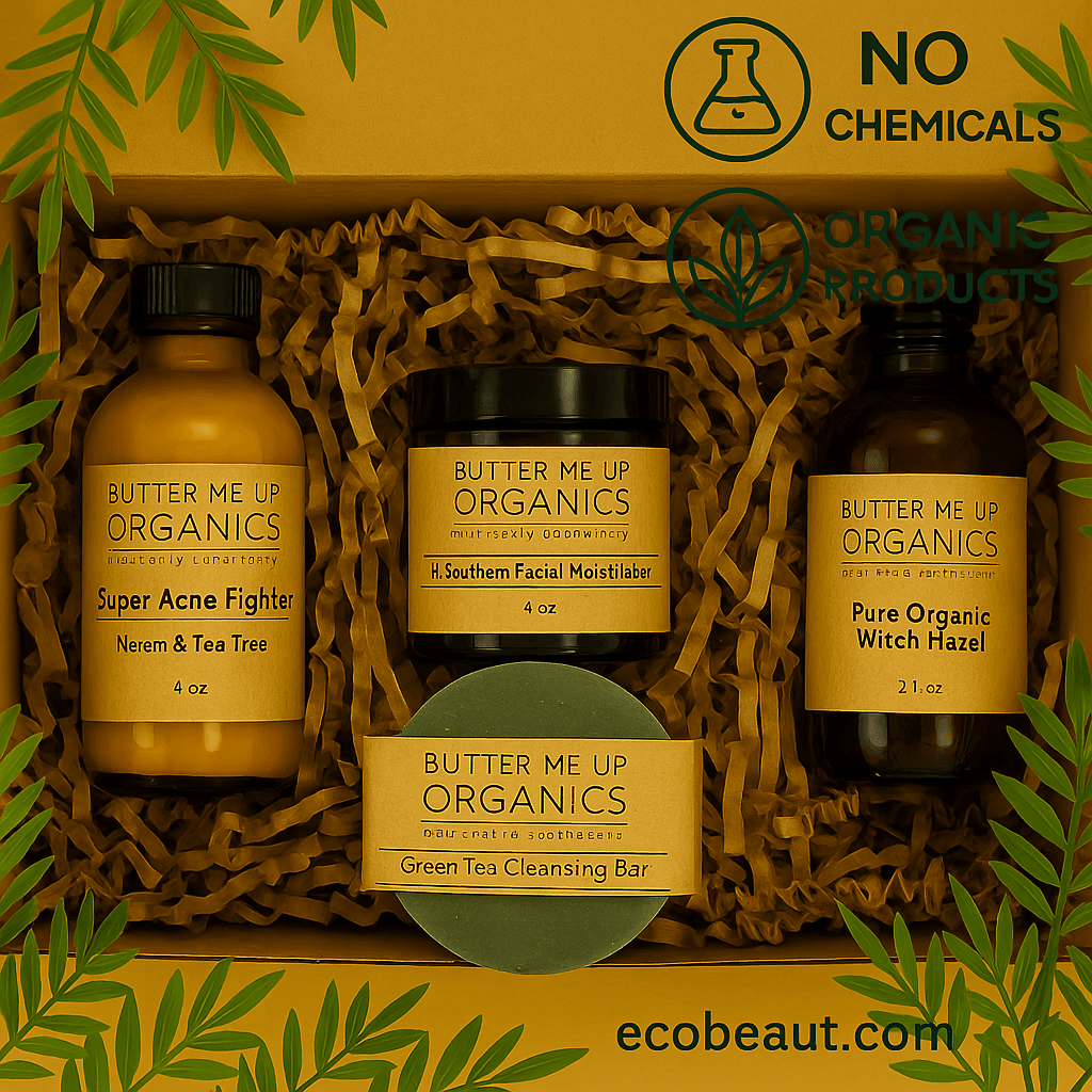Eco-friendly acne care gift set from Butter Me Up Organics with organic cleanser, witch hazel, facial moisturizer, and acne serum in kraft packaging, ecobeaut.com branding and organic icons