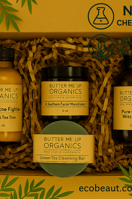 Eco-friendly acne care gift set from Butter Me Up Organics with organic cleanser, witch hazel, facial moisturizer, and acne serum in kraft packaging, ecobeaut.com branding and organic icons