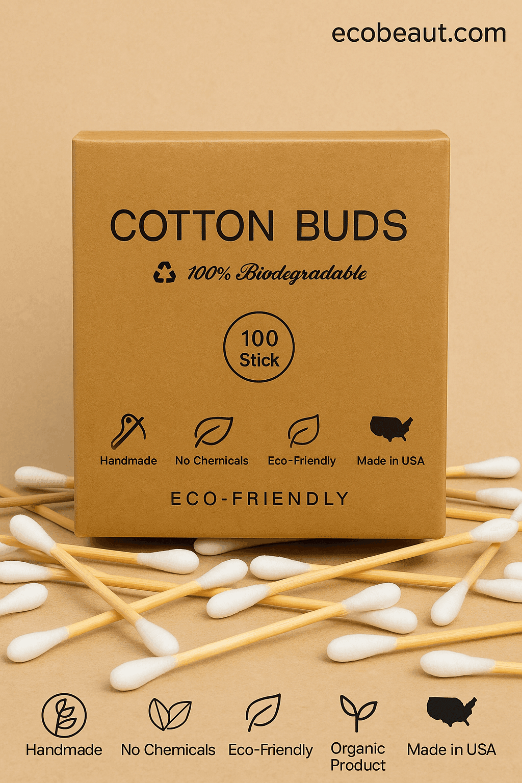 Eco-friendly cotton buds in kraft paper packaging with scattered sticks around – 100% biodegradable and made in USA, available on ecobeaut.com