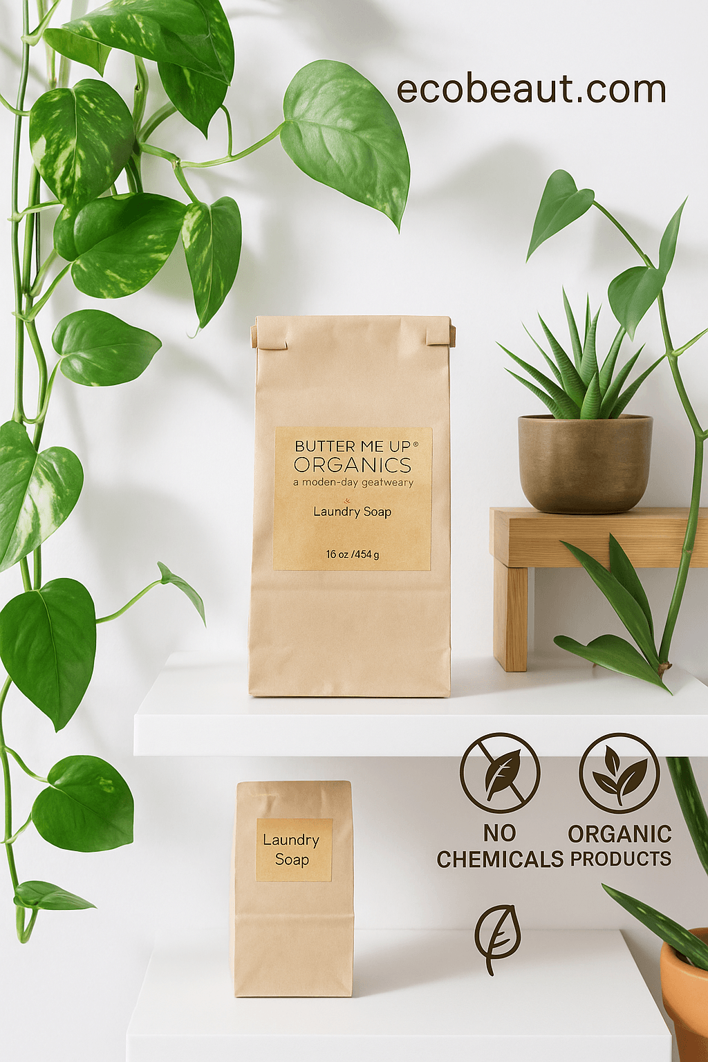 Eco-friendly dishwasher soap on decorative white shelf surrounded by green plants – organic, chemical-free cleaning product – ecobeaut.com