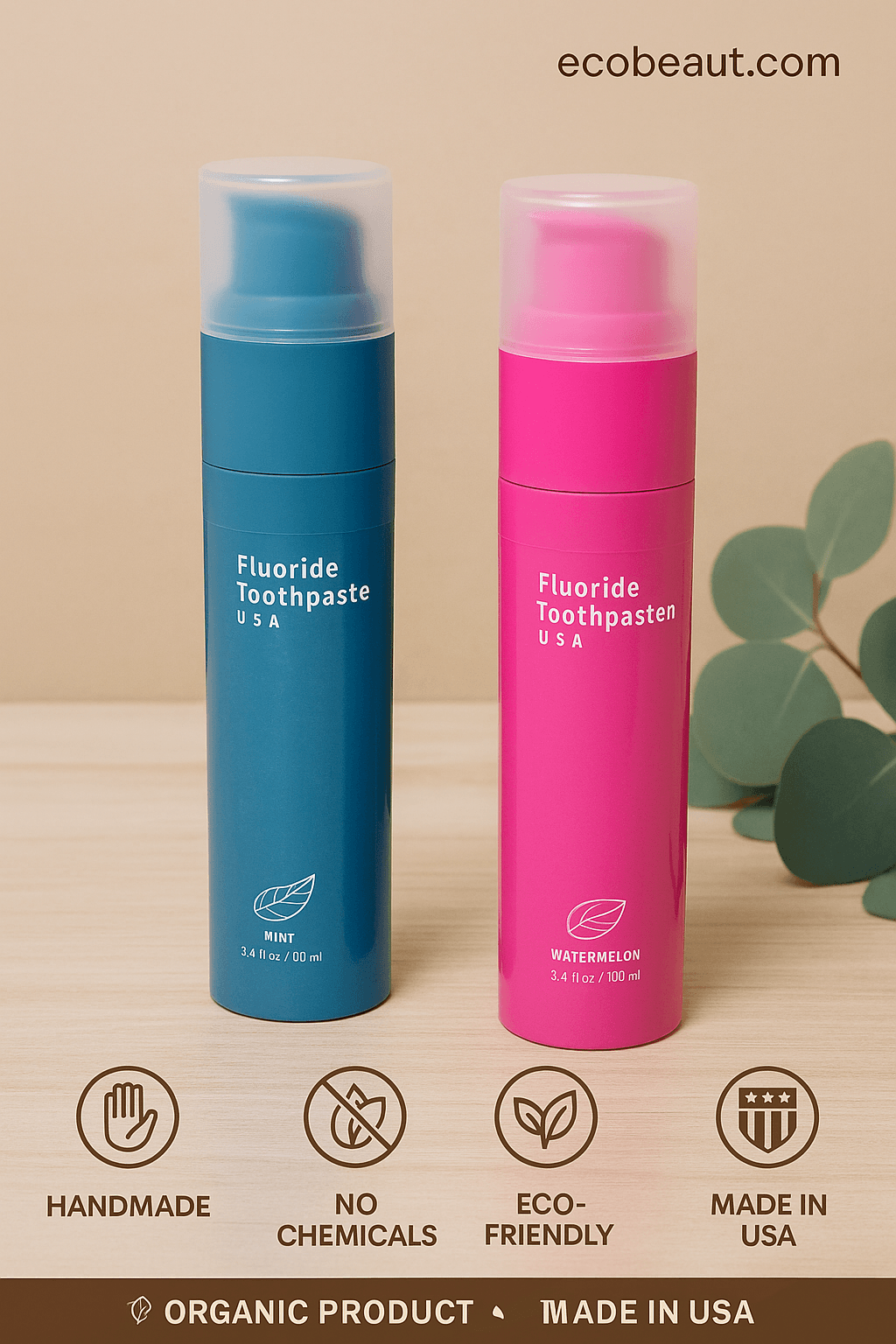 Eco-friendly fluoride toothpaste set in mint and watermelon flavors, handmade and chemical-free, organic and made in USA – ecobeaut.com