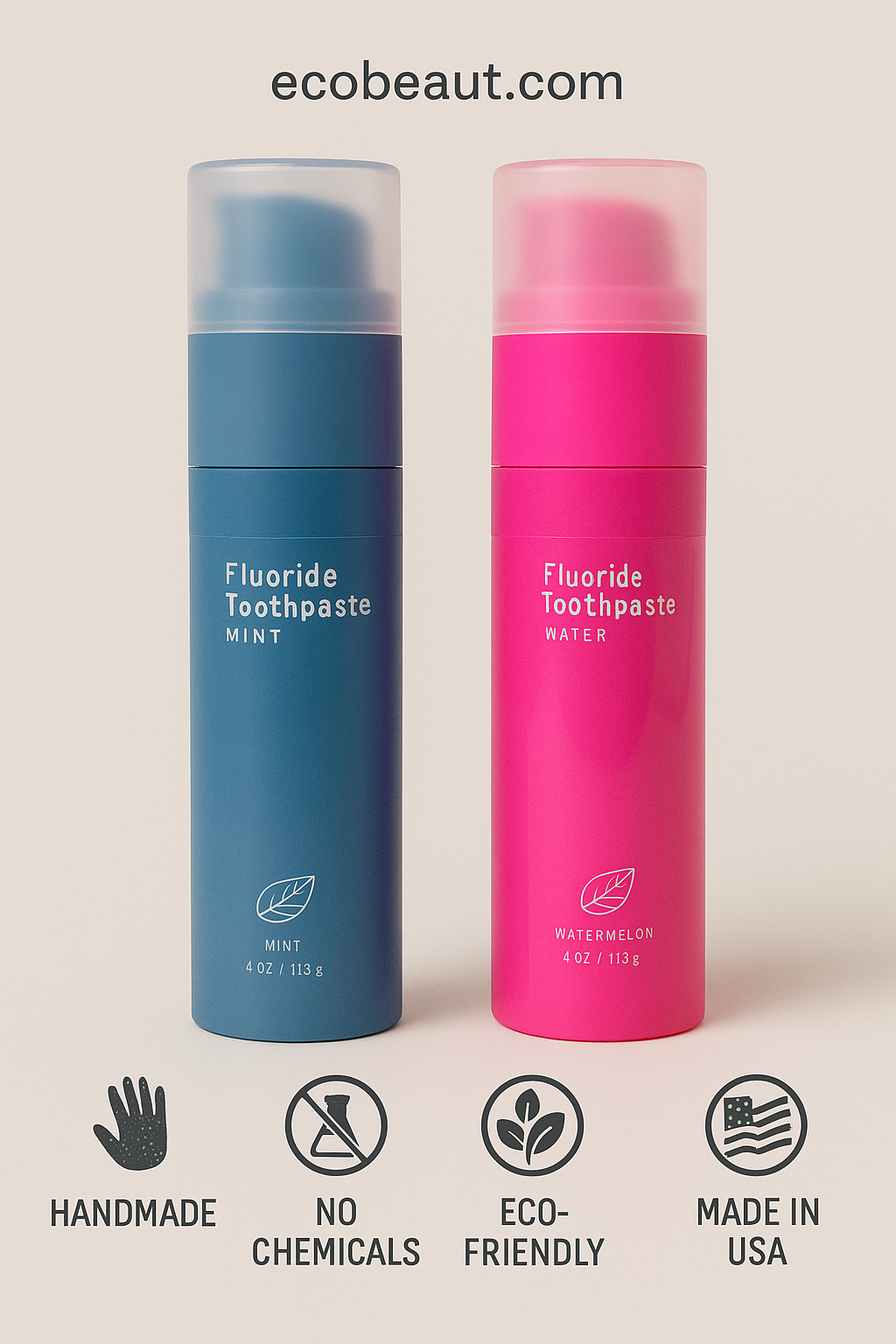 Eco-friendly fluoride toothpaste set in mint and watermelon flavors, handmade and chemical-free, organic and made in USA – ecobeaut.com