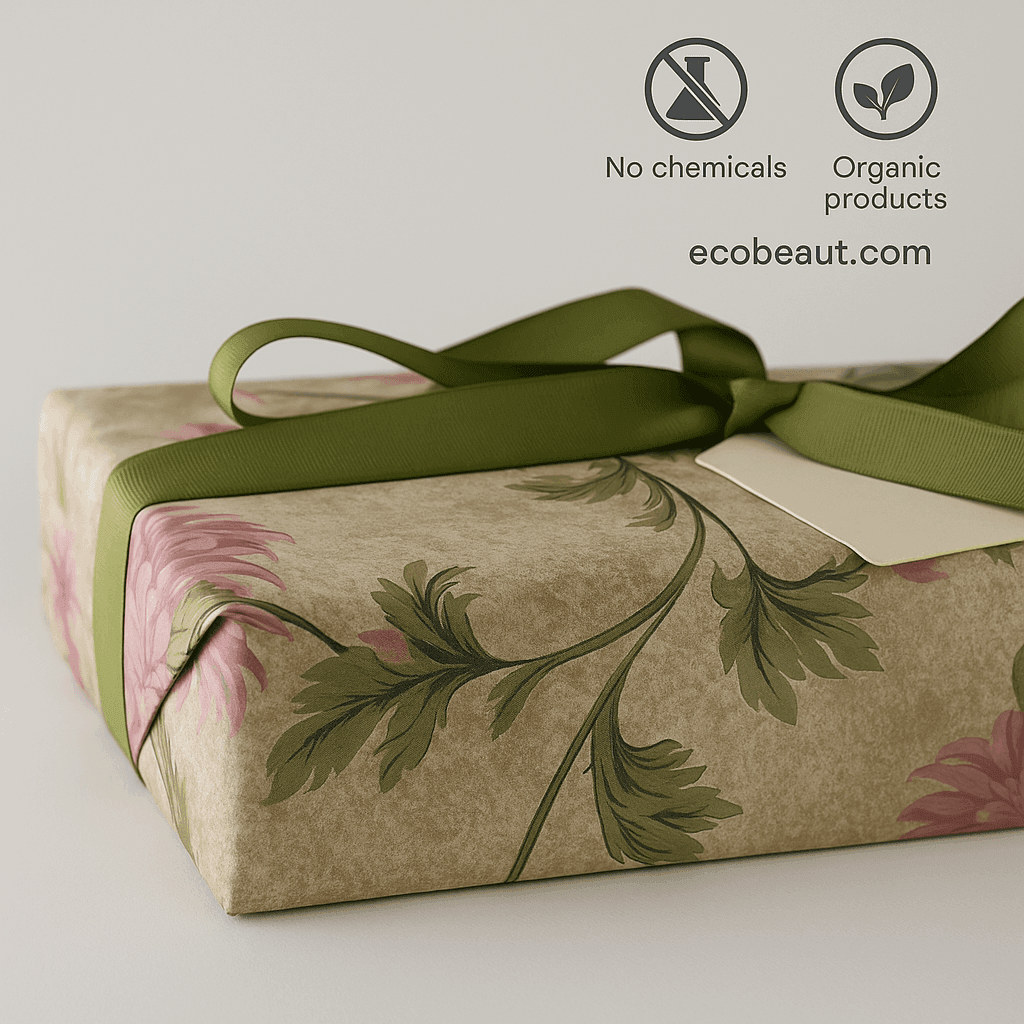 Eco-friendly gift box with floral wrapping and green ribbon – organic bath gift set, no chemicals, organic products, ecobeaut.com