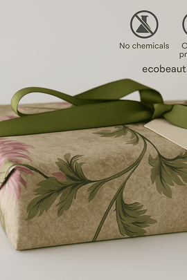 Eco-friendly gift box with floral wrapping and green ribbon – organic bath gift set, no chemicals, organic products, ecobeaut.com