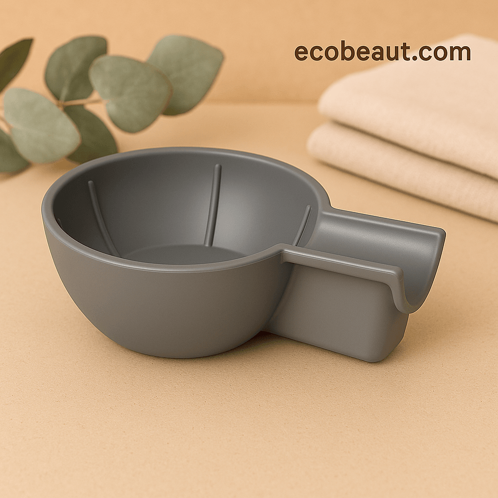 Eco-friendly gray plastic mixing bowl with handle for skincare routine – handmade, no chemicals, organic product, made in USA – displayed on natural background with eucalyptus and towels