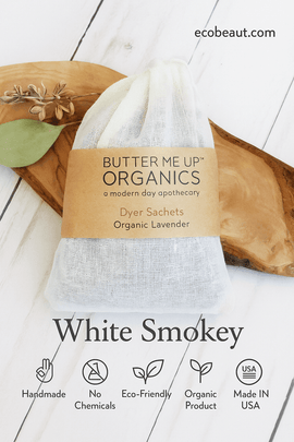 Eco-friendly organic lavender dryer sachets on a wooden background with rustic natural decor – Handmade, No Chemicals, Eco-Friendly, Organic Product, Made in USA – ecobeaut.com