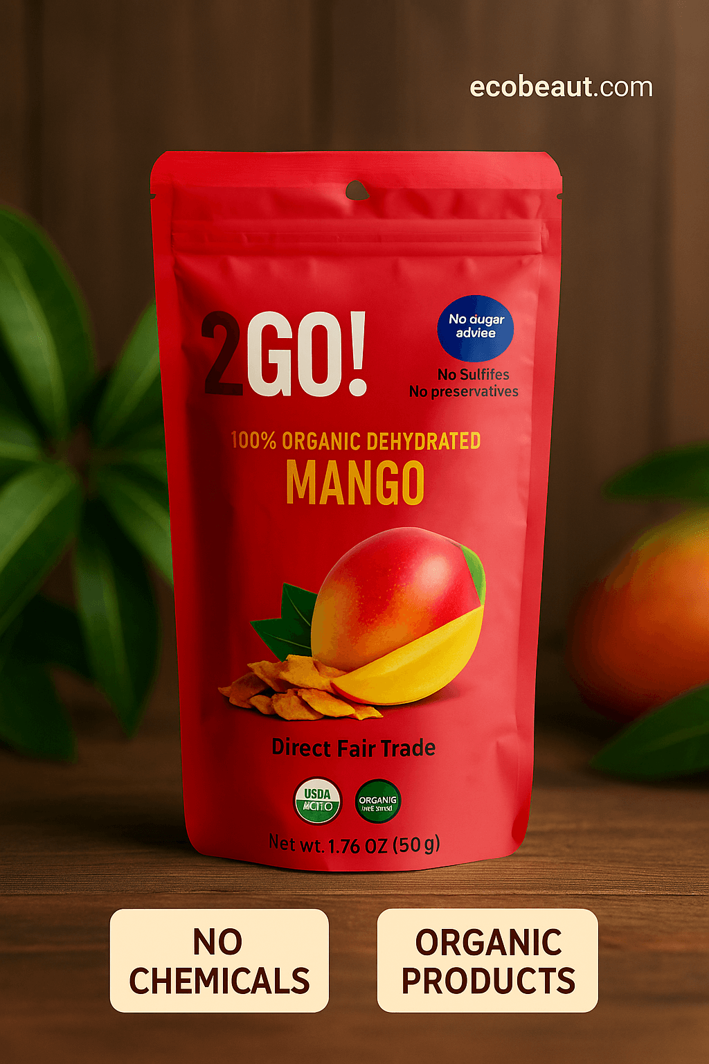 Eco-friendly packaging of 2GO! Organic Dried Mango with label no chemicals, organic product, and ecobeaut.com in top-right corner