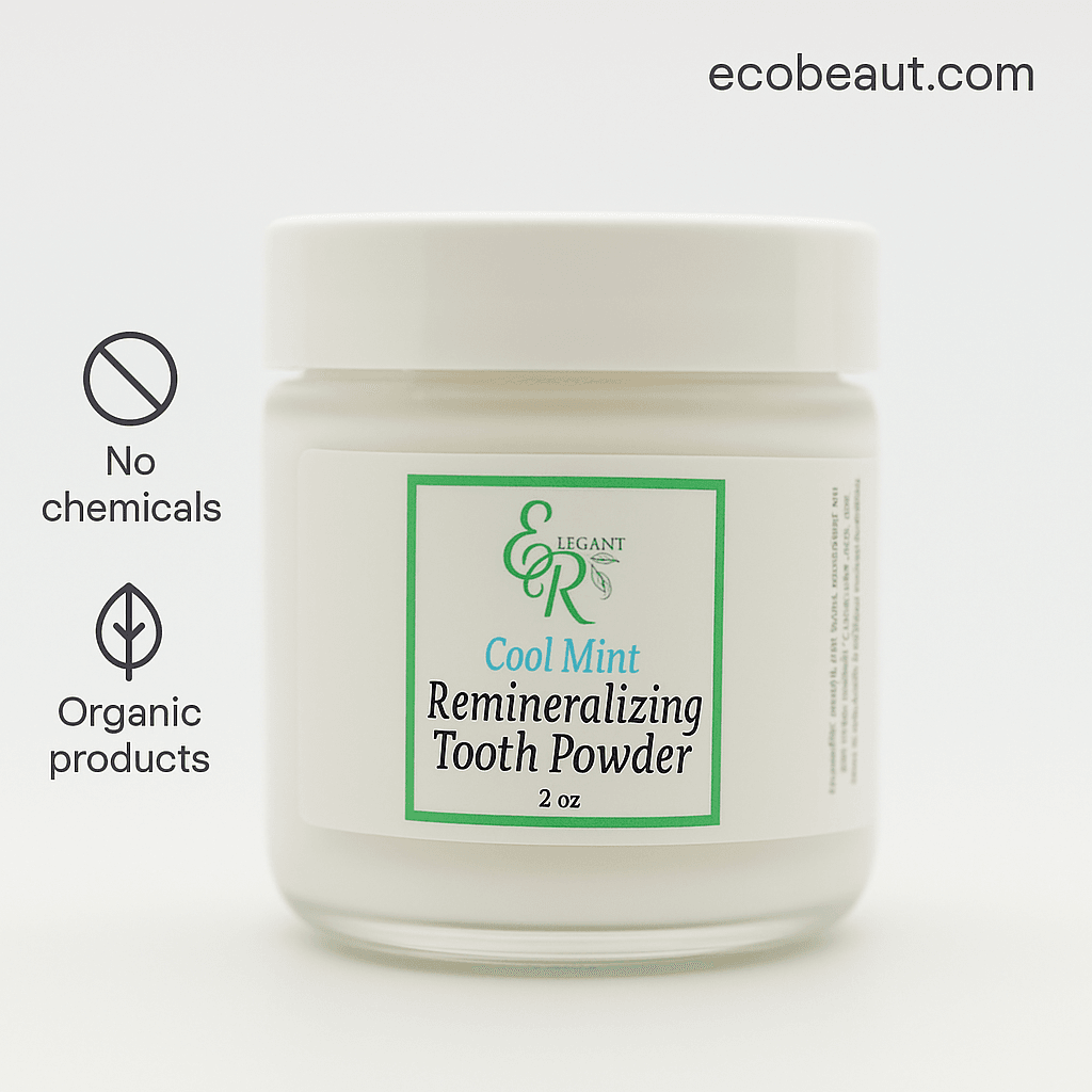 Eco-friendly packaging of organic tooth powder – no chemicals, made with natural ingredients, ecobeaut.com