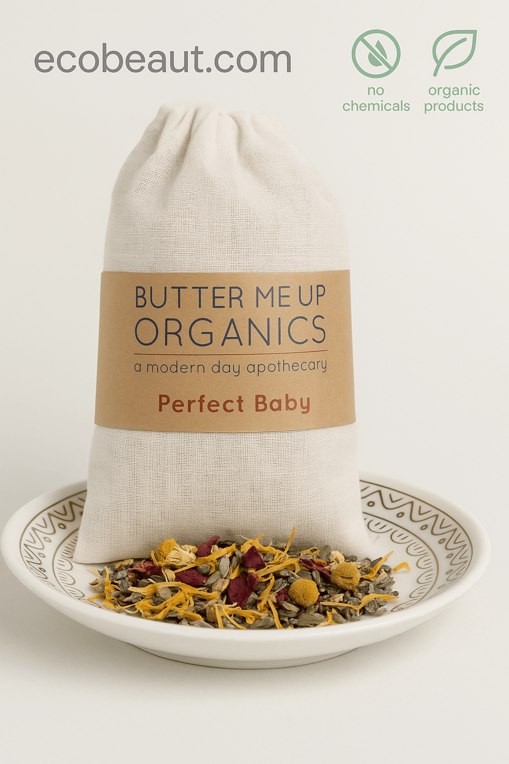 Eco-friendly presentation of Organic Sitz Tea with herbs on a ceramic plate and natural decor – ecobeaut.com