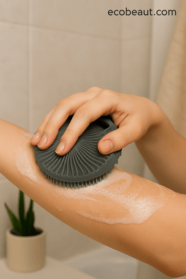 Eco-friendly silicone body scrubber – dark gray exfoliating tool for shower and skincare, used on soapy skin – available at ecobeaut.com


