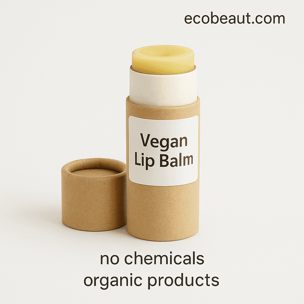 Eco-friendly tube of vegan lip balm on a white background with the label “Vegan Lip Balm,” website “ecobeaut.com” in the top right, and the markings “no chemicals” and “organic products” at the bottom