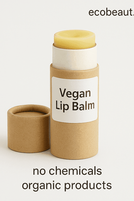 Eco-friendly tube of vegan lip balm on a white background with the label “Vegan Lip Balm,” website “ecobeaut.com” in the top right, and the markings “no chemicals” and “organic products” at the bottom