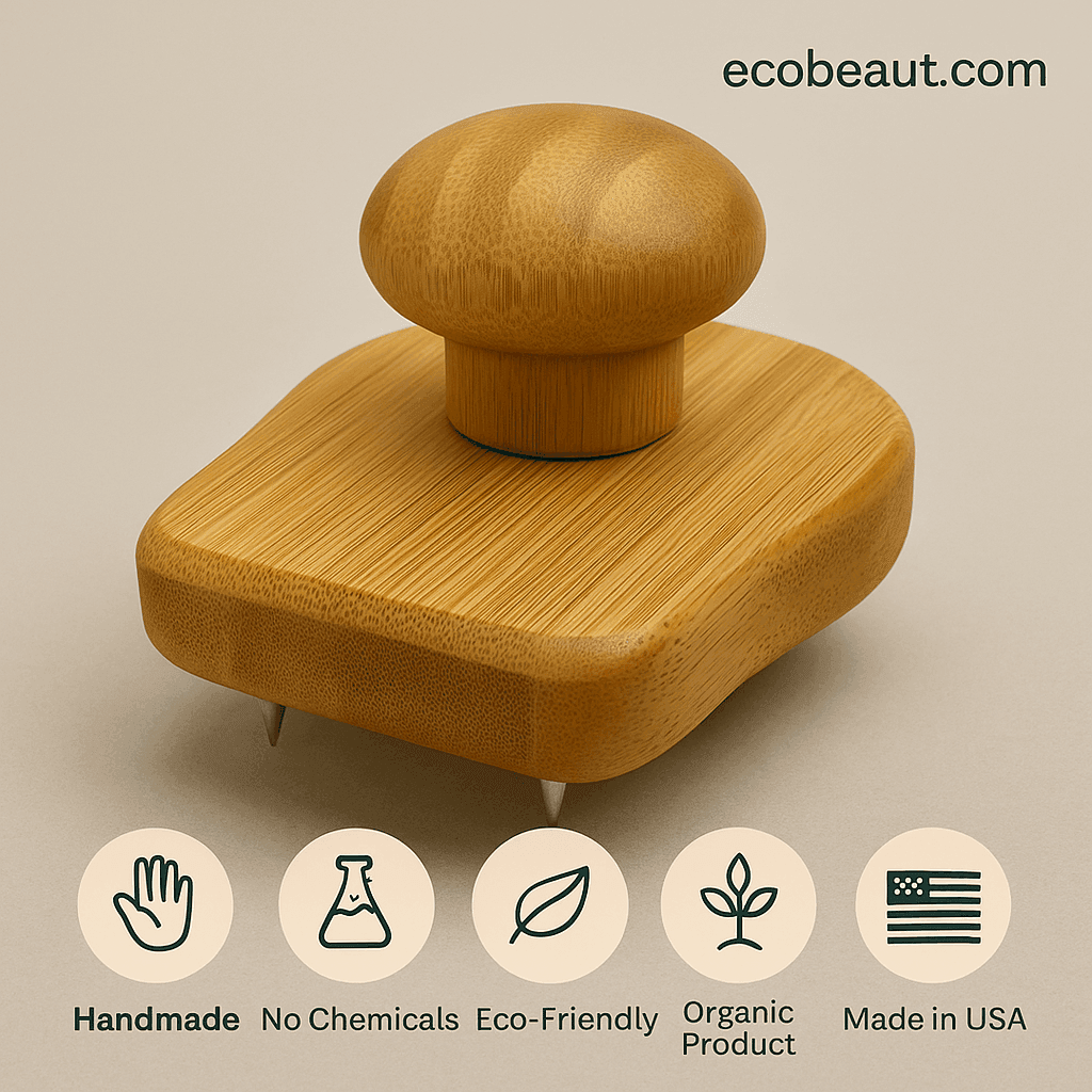 Eco-friendly wooden scalp massager with mushroom-shaped handle on neutral background – Organic, Handmade, No Chemicals, Made in USA – ecobeaut.com