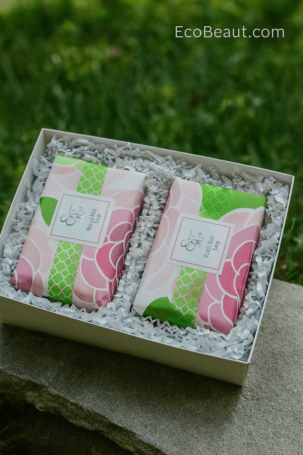 EcoBeaut.com handmade soap gift set with two floral-wrapped bars in white box on natural stone, organic artisan soap against green nature background