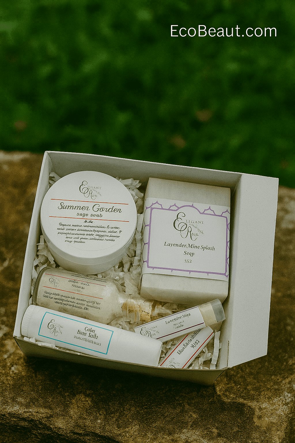 EcoBeaut.com organic skincare gift set with Summer Garden sugar scrub, Lavender Mint Splash soap, bath salts, and lip balms in white box on natural stone background