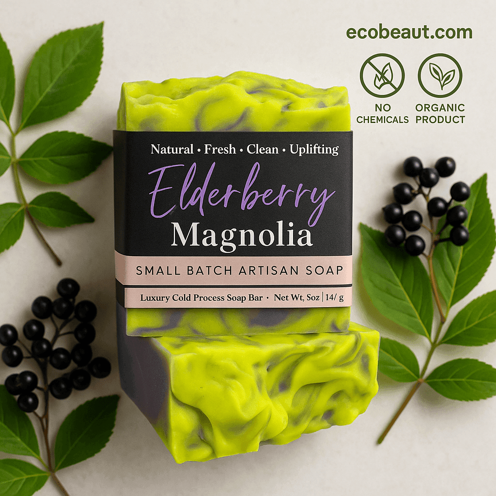 Elderberry Magnolia artisan soap bar with green and purple swirls, surrounded by elderberry leaves and berries, labeled with no chemicals and organic product icons, ecobeaut.com in the top right corner.