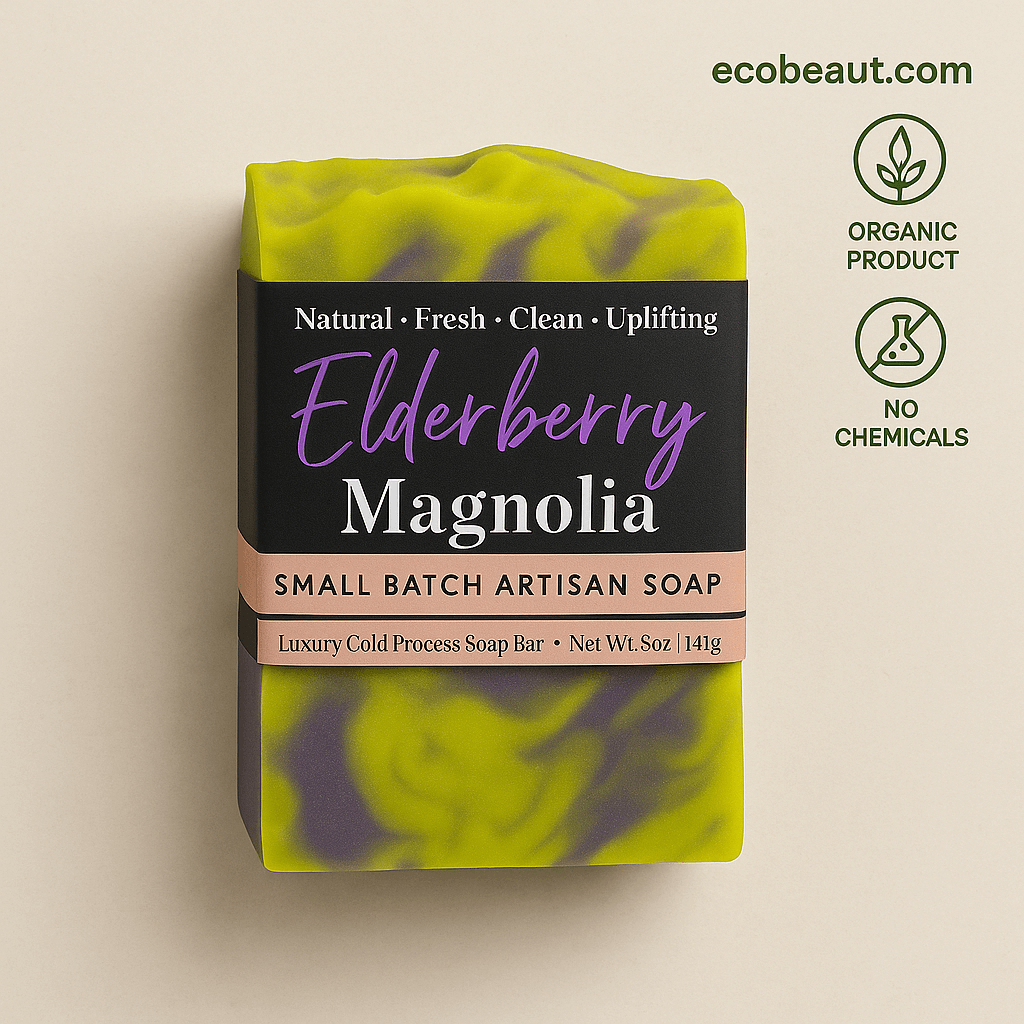 Elderberry Magnolia artisan soap bar with vivid green and purple swirls, displayed on a beige background, featuring ecobeaut.com, “ORGANIC PRODUCT” and “NO CHEMICALS” icons in the top right corner.