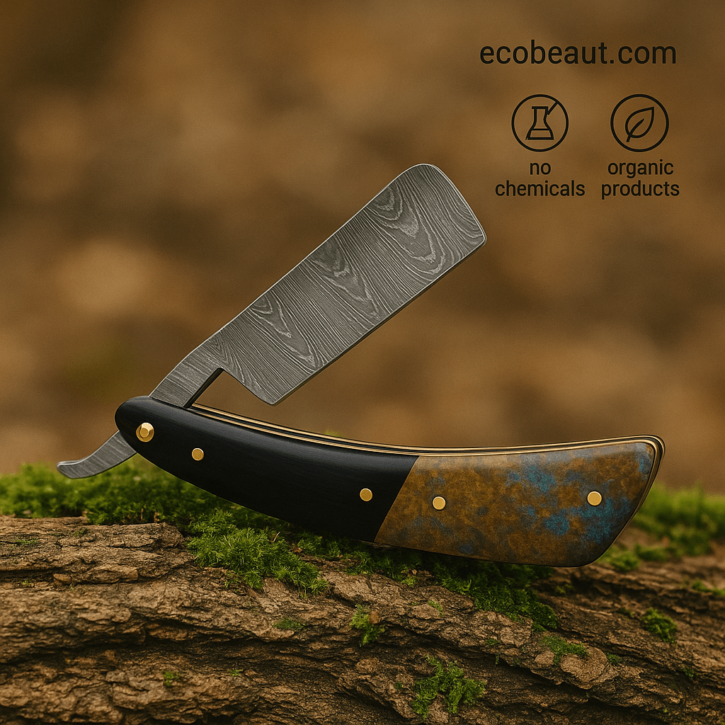 Elegant Damascus steel straight razor named Eclipse Razor placed on textured bark with soft moss, highlighting natural materials and ecobeaut.com branding in the upper right corner.