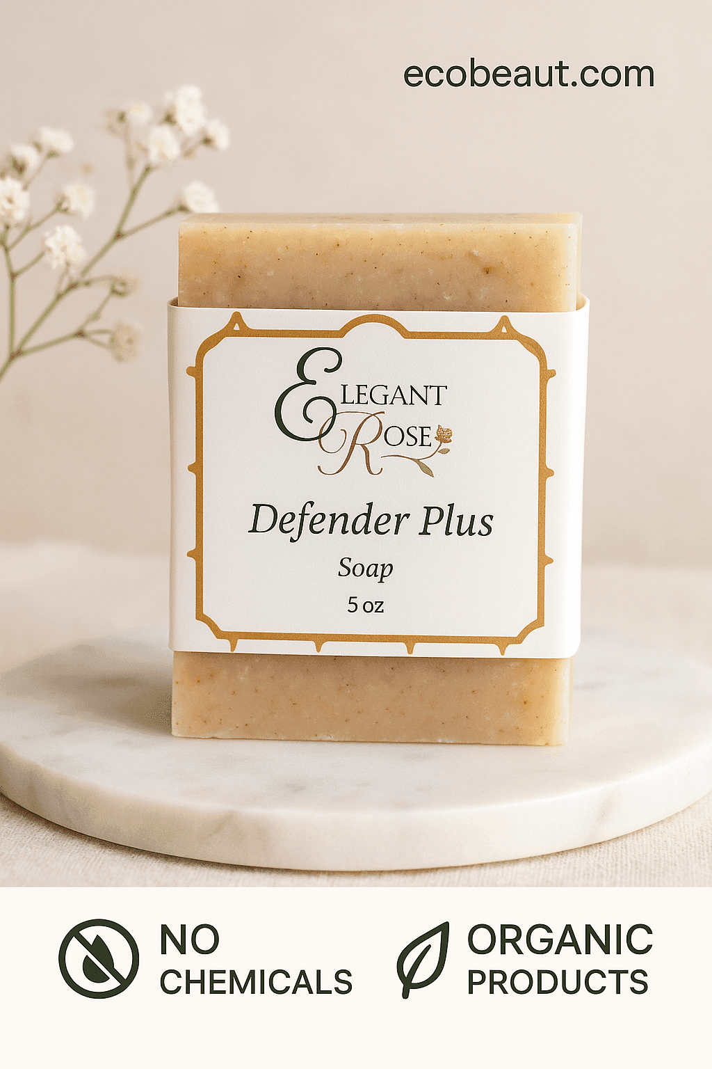 Elegant Rose Defender Plus Soap Bar on marble slab with organic and no chemicals icons, branded ecobeaut.com in top right corner.




