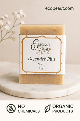 Elegant Rose Defender Plus Soap Bar on marble slab with organic and no chemicals icons, branded ecobeaut.com in top right corner.




