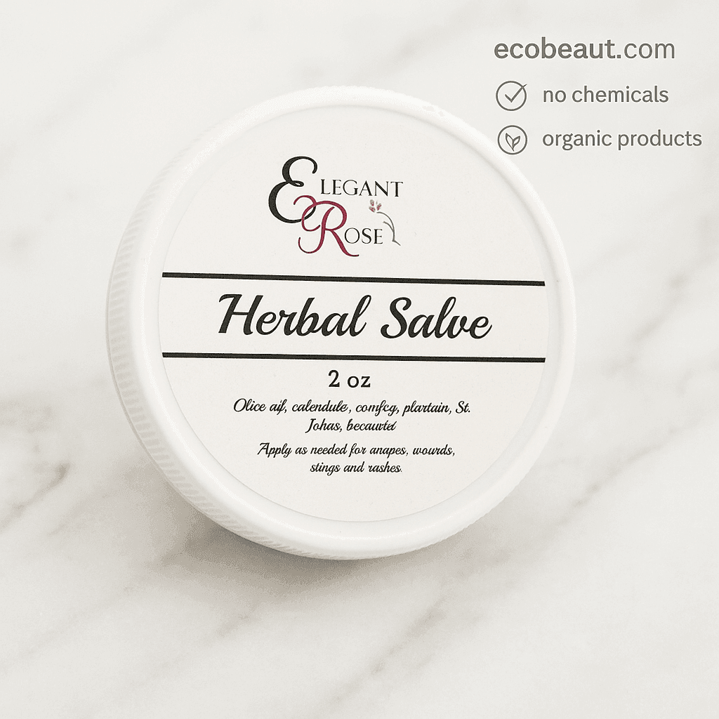 Elegant Rose Herbal Salve 2 oz – natural skin healing balm in white jar on marble surface, ecobeaut.com, no chemicals, organic products