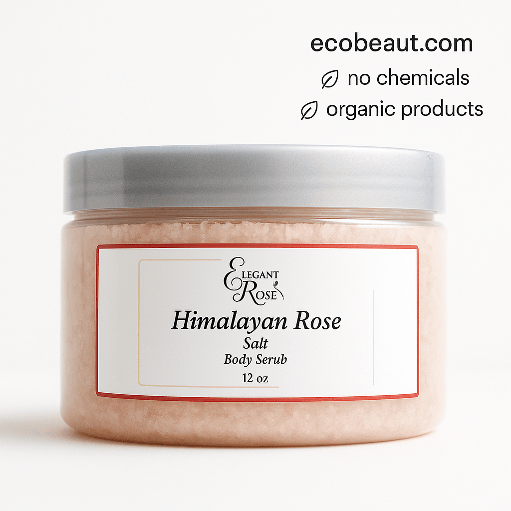 Elegant Rose Himalayan Body Scrub in clear plastic jar – minimalist close-up with clean label and soft pink salt texture – ecobeaut.com, no chemicals, organic products