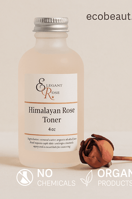 Elegant Rose Himalayan Rose Toner bottle with a dried rose on a soft beige background, ecobeaut.com in the top right corner, and icons for no chemicals and organic products at the bottom