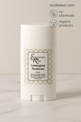 Elegant Rose Lemongrass Deodorant on marble background – natural, chemical-free formula in stylish white container, ecobeaut.com, organic products, no chemicals
