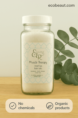 Elegant Rose Muscle Therapy Dead Sea Bath Salts in a clear glass jar with minimalist label – organic spa product with no chemicals