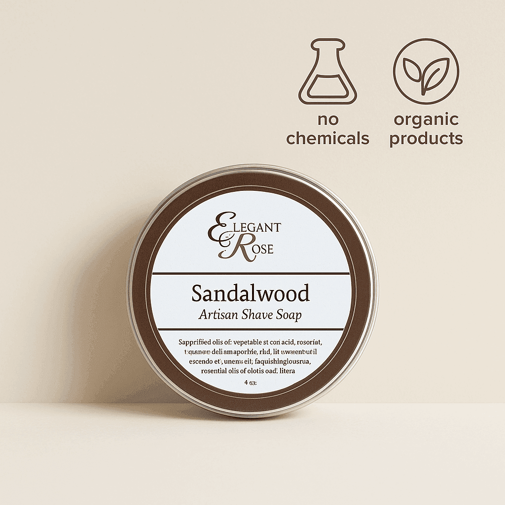 Elegant Rose Sandalwood Artisan Shave Soap surrounded by sandalwood, bay leaves, and almonds on rustic wood – natural, organic grooming product from ecobeaut.com.
