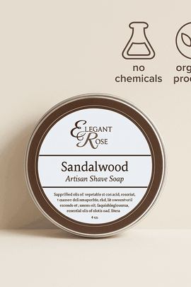 Elegant Rose Sandalwood Artisan Shave Soap surrounded by sandalwood, bay leaves, and almonds on rustic wood – natural, organic grooming product from ecobeaut.com.