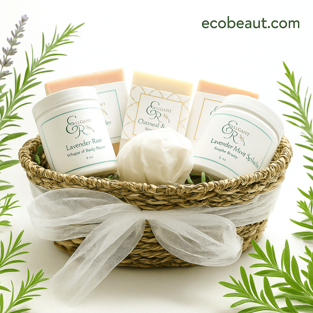 Elegant Rose gift basket containing whipped body butter, sugar scrub, and artisan soaps, arranged in a woven basket with greenery accents and ecobeaut.com written in the top right corner.