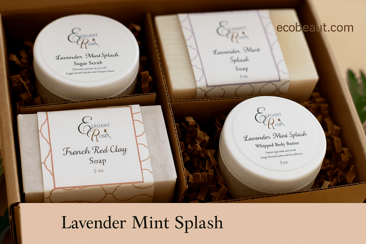 Elegant Rose gift box with Lavender Mint Splash sugar scrub, body butter, soap, and French Red Clay soap in kraft packaging, with ecobeaut.com written in the top right corner.