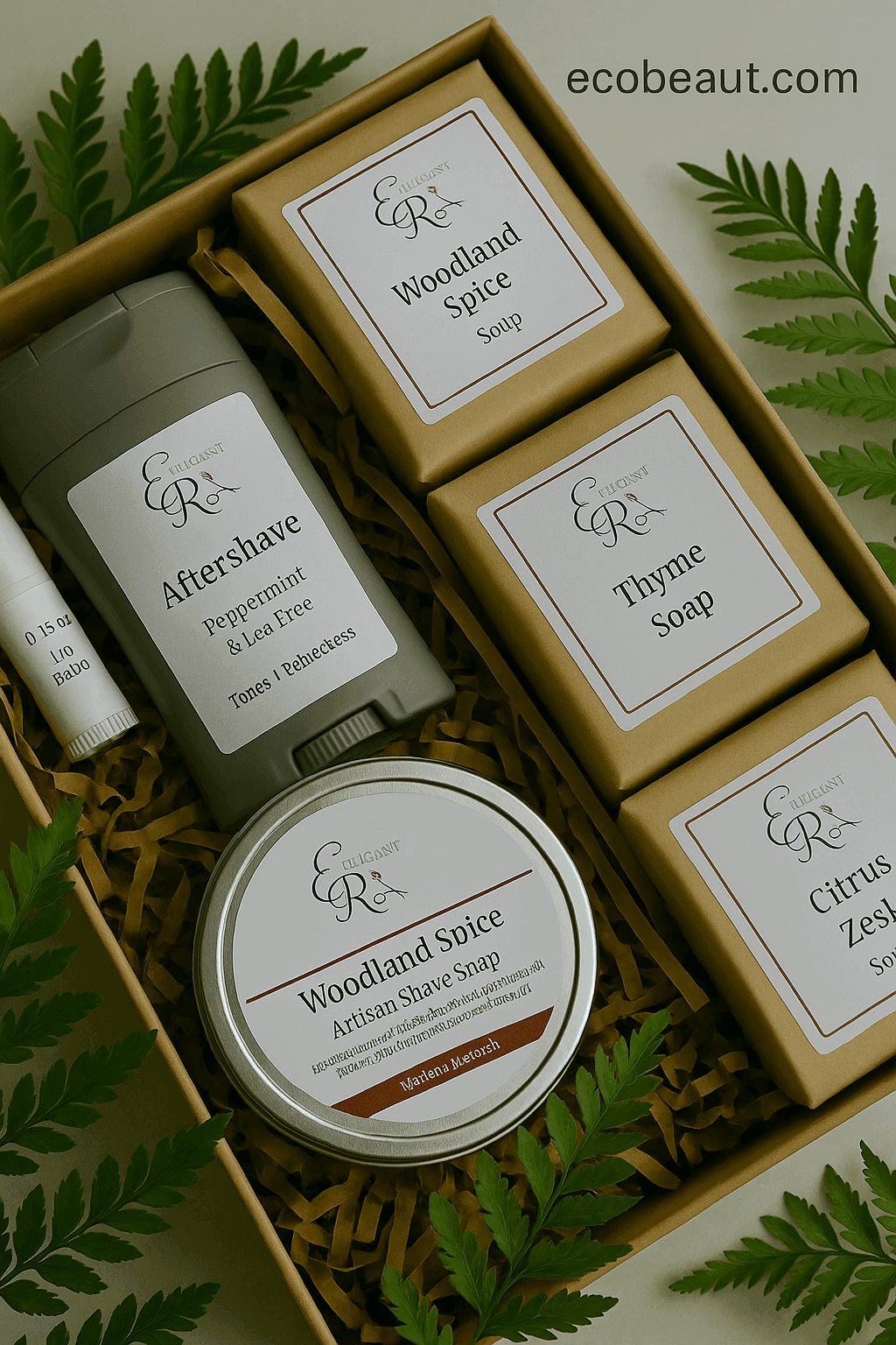 Elegant Rose men's grooming gift set with Woodland Spice soap, aftershave, and lip balm arranged in a kraft box with green fern leaves and ecobeaut.com text in the top right corner.