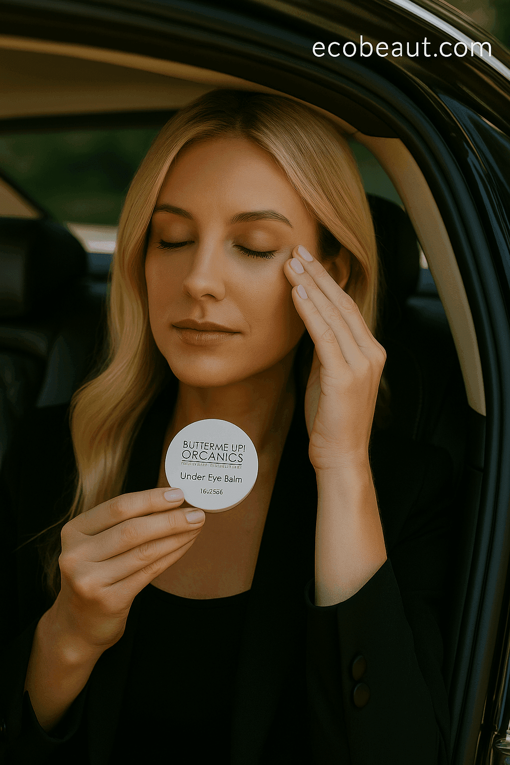 Elegant blonde woman in luxury car applying Butter Me Up Organics Under-Eye Balm from sleek container without jar, premium organic eye care, EcoBeaut.com branding
